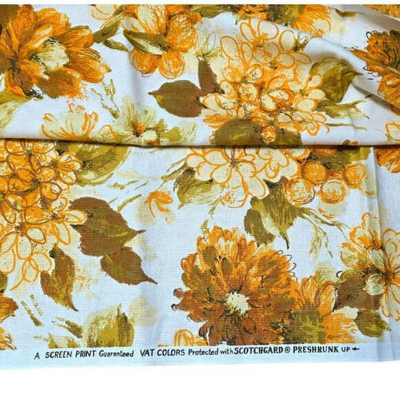 1970s Floral Fabric MCM Flowers Mod Orange Green VAT Upholstery 3 yards 54" VTG - Picture 2 of 11